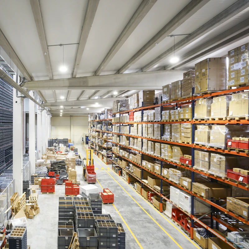 Bodega organizada con estanterías y cajas almacenadas